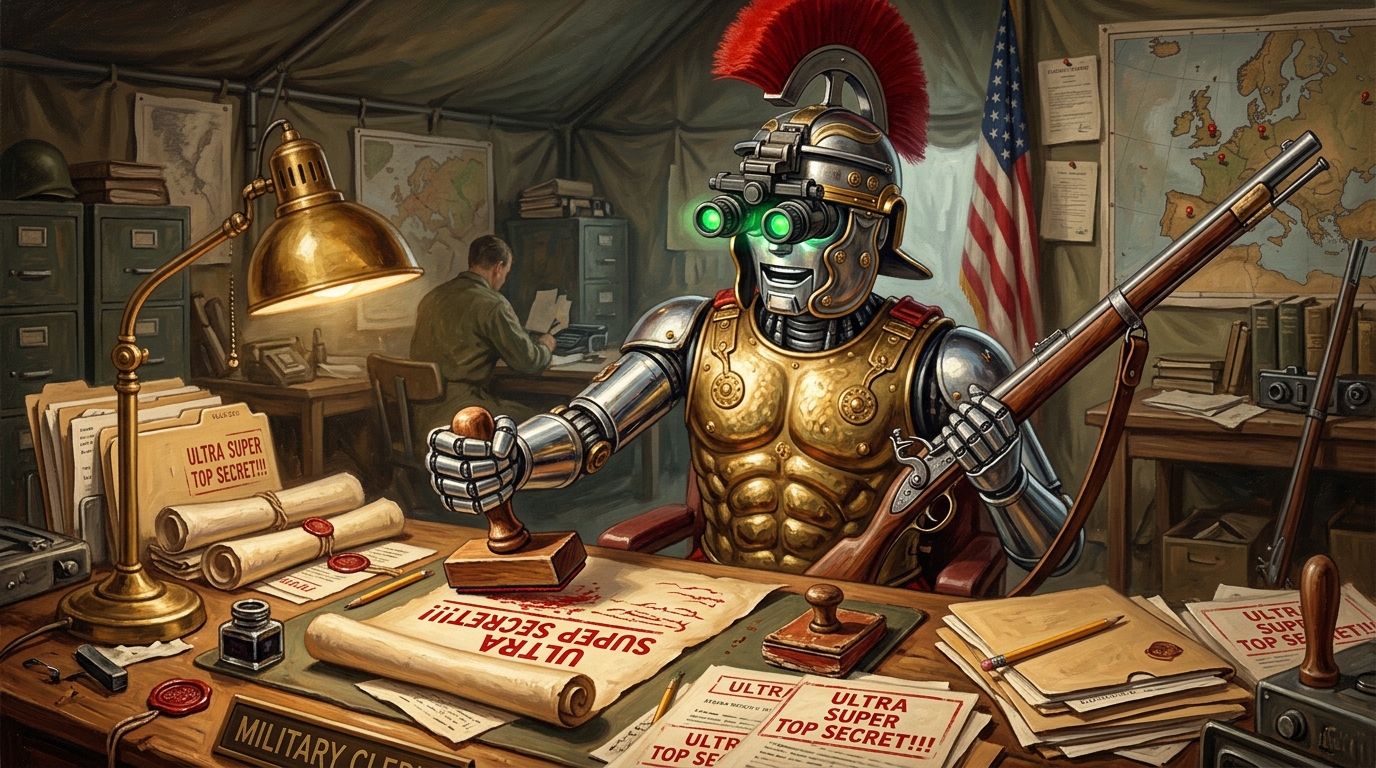 An enthusiastic retro-futuristic android at a military clerk's desk wearing Roman armor, a plumed helmet with glowing green night vision goggles, and holding a flintlock musket while stamping ULTRA SUPER TOP SECRET!!! onto a parchment scroll.