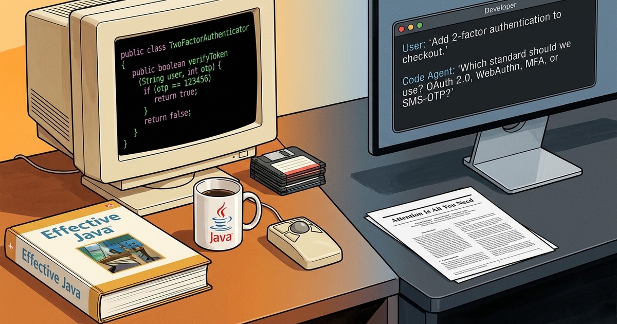 An editorial split illustration showing green Java code on a 1990s CRT monitor beside the classic Effective Java book and Java mug on the left, contrasting with a modern dark-mode terminal displaying the dialog User: 'Add 2-factor authentication to checkout.' and Code Agent: 'Which standard should we use? OAuth 2.0, WebAuthn, MFA, or SMS-OTP?' above the 'Attention Is All You Need' paper on the right.