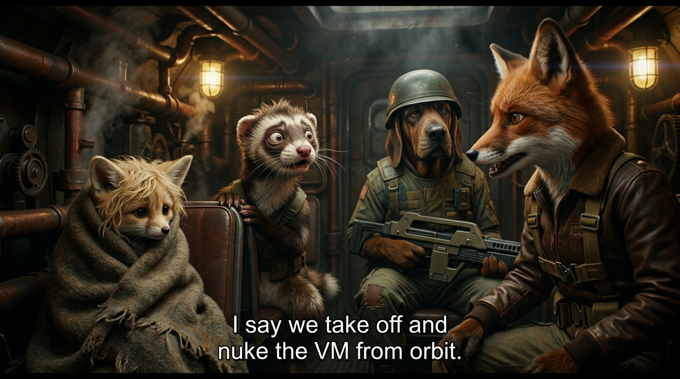 A steampunk Aliens APC parody featuring a female fox in flight jacket, bloodhound marine, panicked polecat, and blonde fox kit. The female fox says: I say we take off and nuke the VM from orbit.