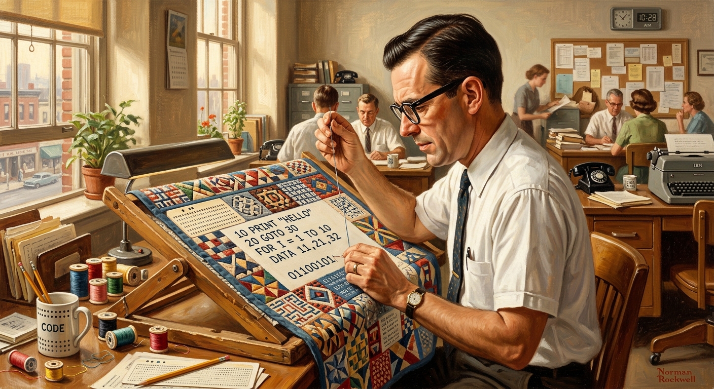 A 1950s engineer with glasses stitching code line-by-line into an intricate quilt at his desk