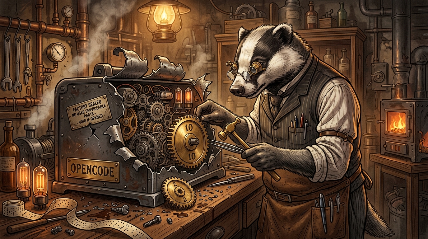 The Gas Town Badger Mayor in Victorian waistcoat performing unauthorized clockwork surgery on an OpenCode machine with torn metal casing, swapping a 2 gear for a 10 gear.